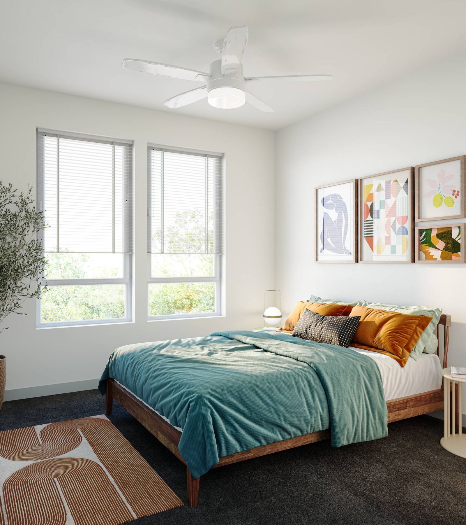 Wixby House Modern bedroom with large windows, teal bedding, wall art, potted plant, and a ceiling fan.