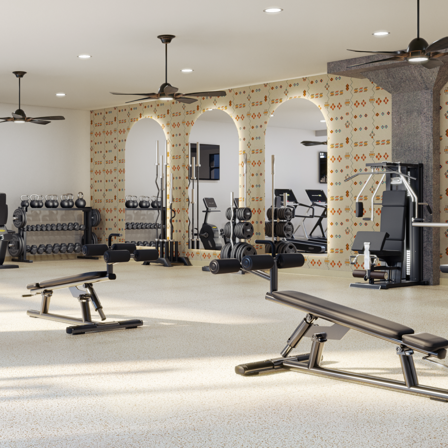 Wixby House Modern gym with weight benches, dumbbells, barbells, and cardio machines, featuring decorative arched walls.