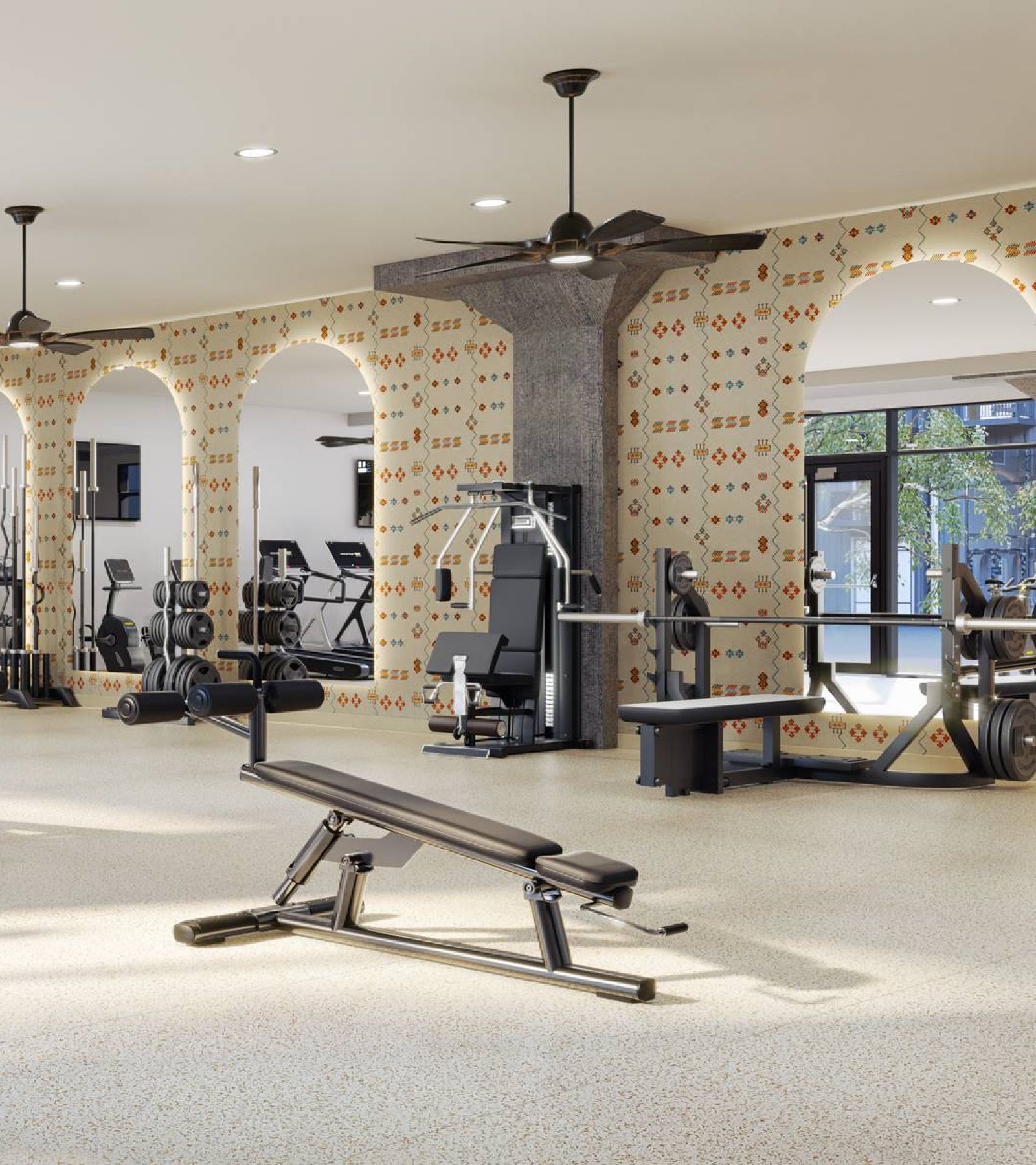Wixby House Spacious gym with cardio machines, weights, benches, large mirrors, and ceiling fans in a bright, modern room.