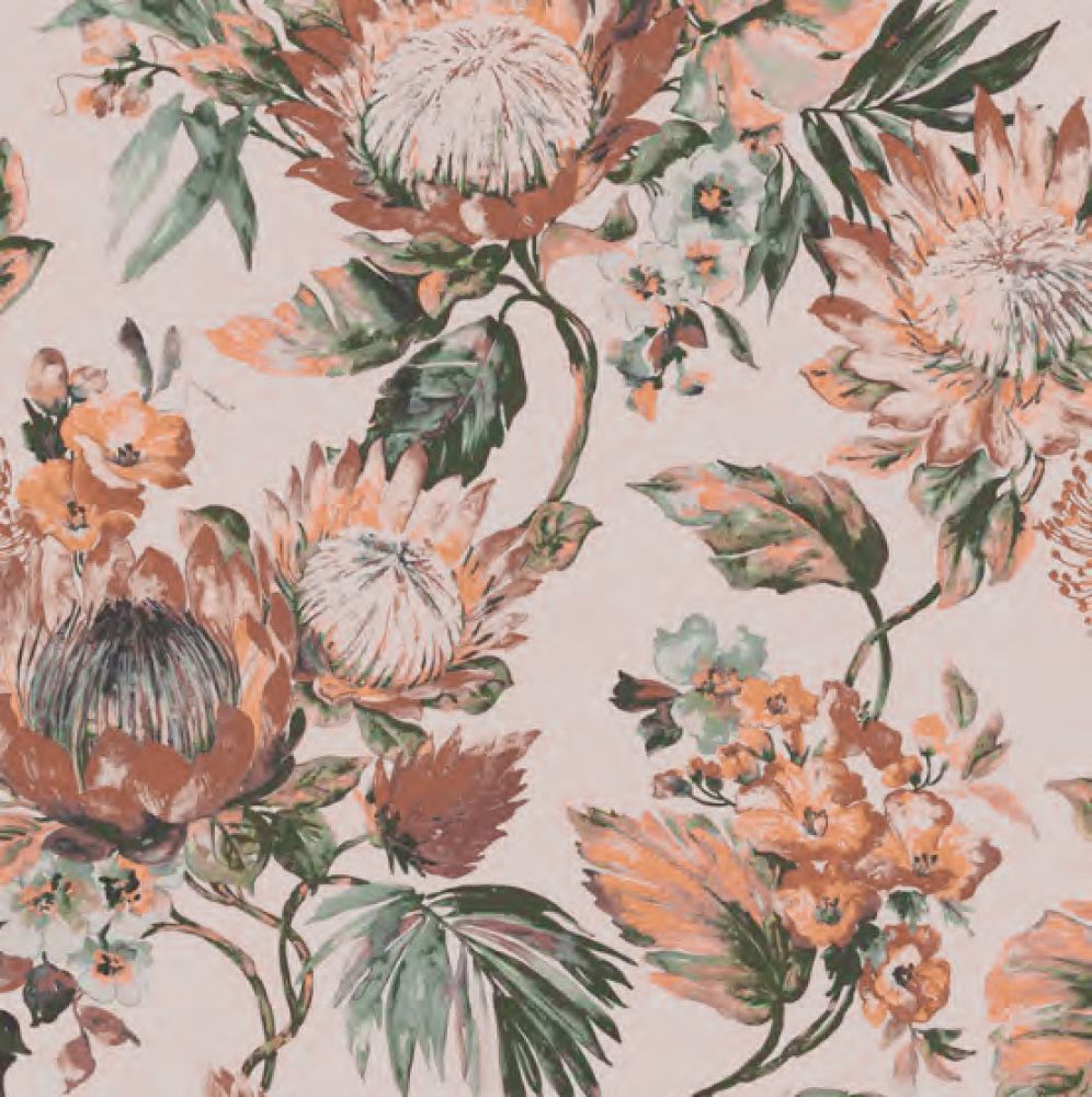 Wixby House Floral pattern with large, detailed flowers and green leaves on a pale pink background.