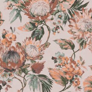 Wixby House Floral pattern with large, detailed flowers and green leaves on a pale pink background.