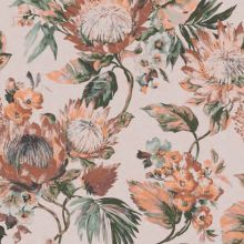 Wixby House Floral pattern with large, detailed flowers and green leaves on a pale pink background.
