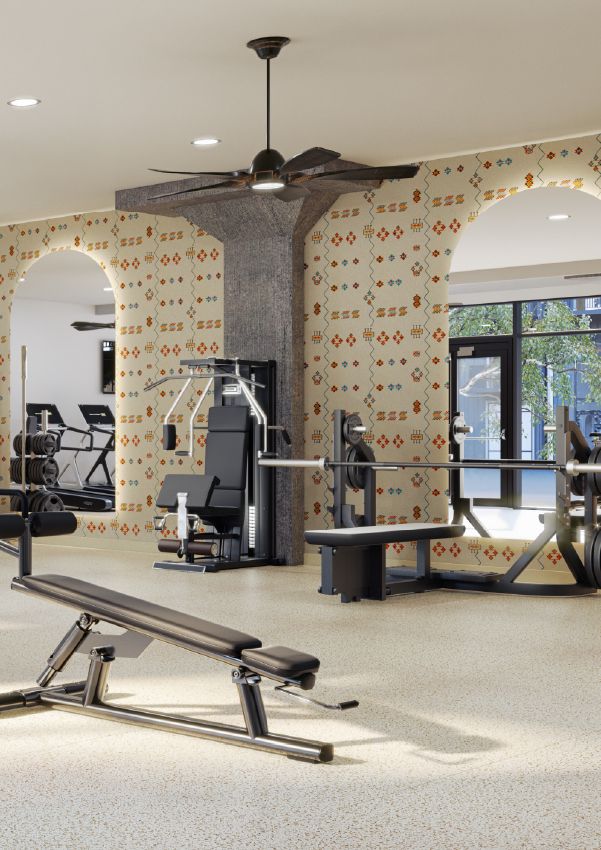 Wixby House A modern gym with weight machines, benches, free weights, and patterned archways on the walls.