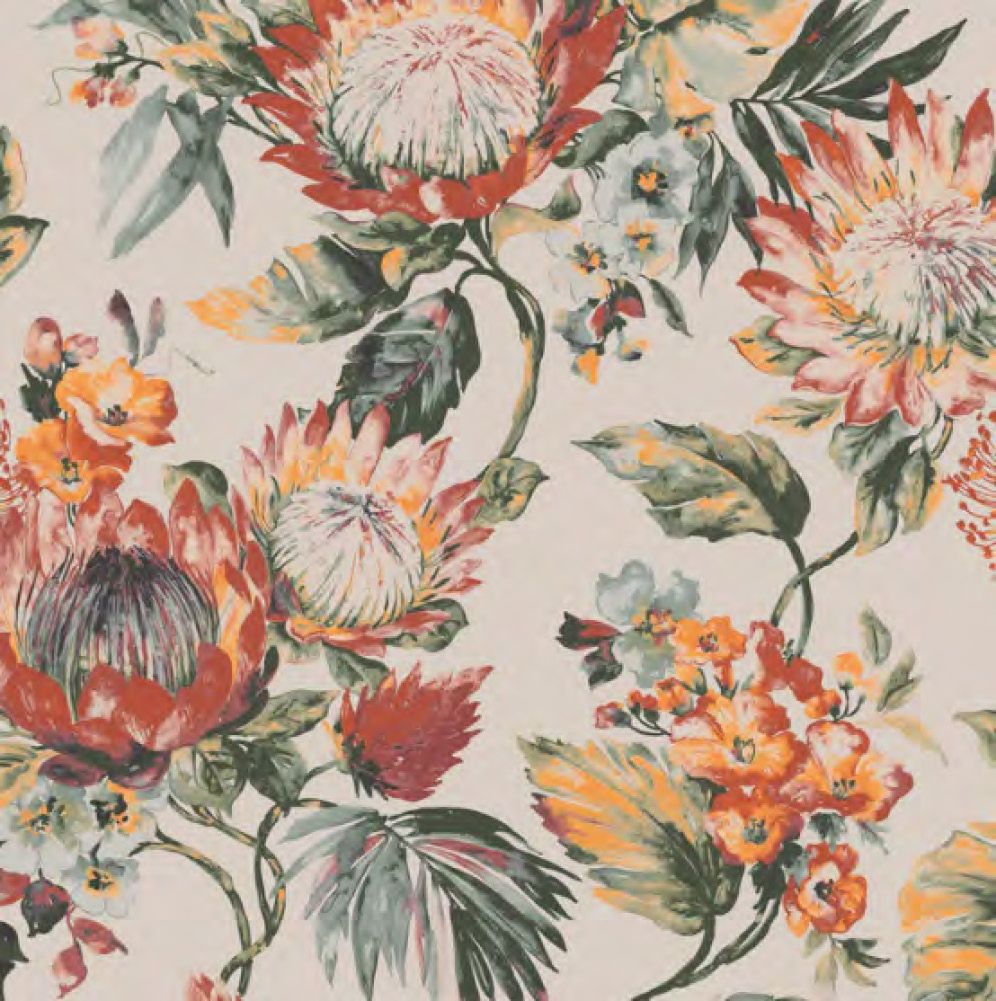 Wixby House Watercolor-style pattern of red, orange, and white flowers with green leaves on a light background.