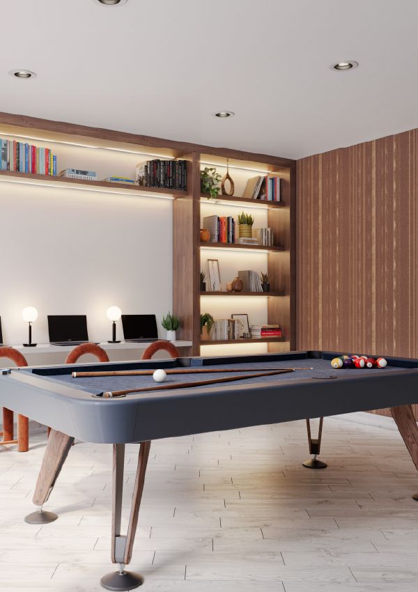 Wixby House A modern game room with a pool table, bookshelves, computers, and contemporary decor.