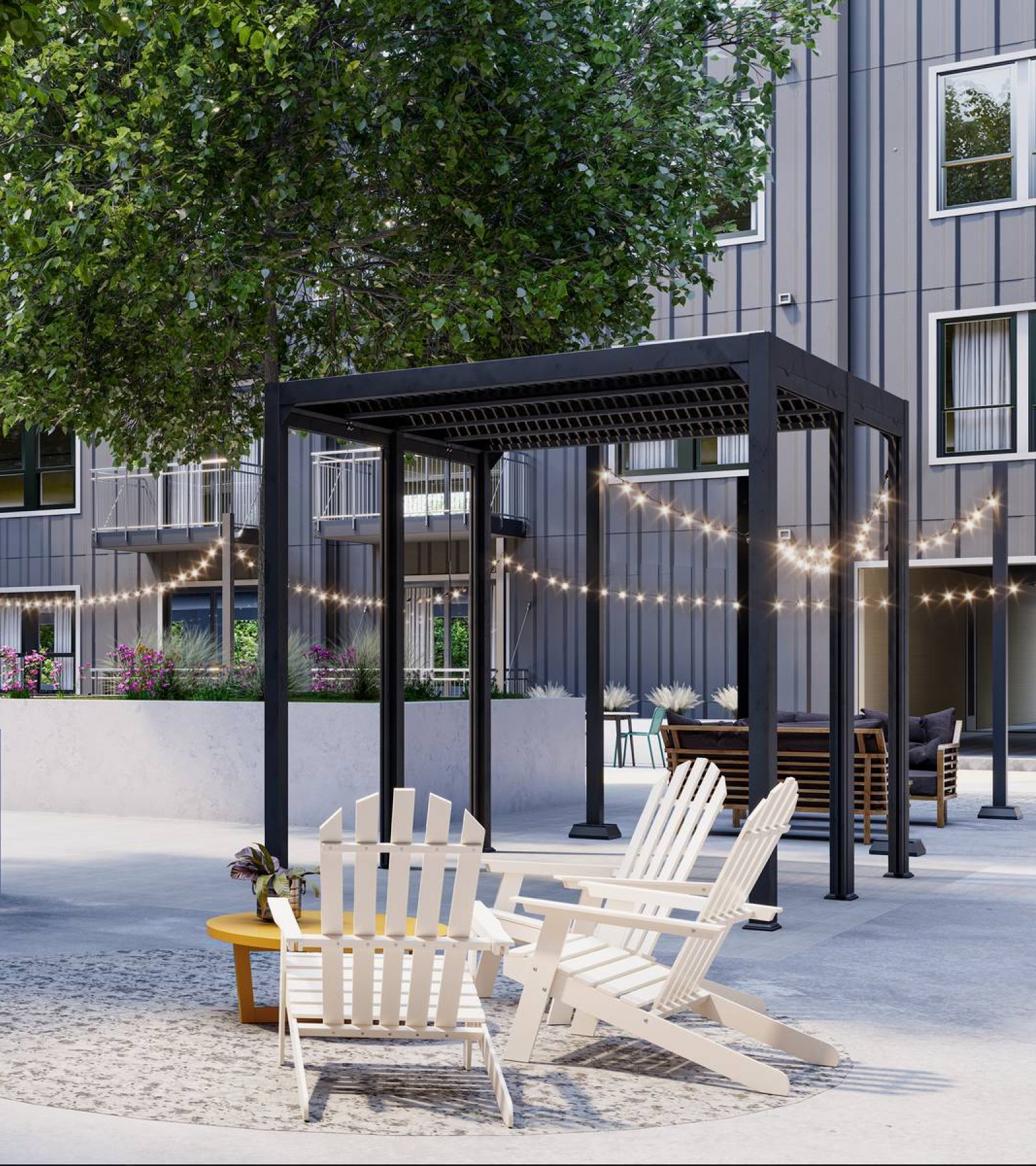 Wixby House Modern apartment courtyard with string lights, seating areas, trees, and greenery on a sunny day.